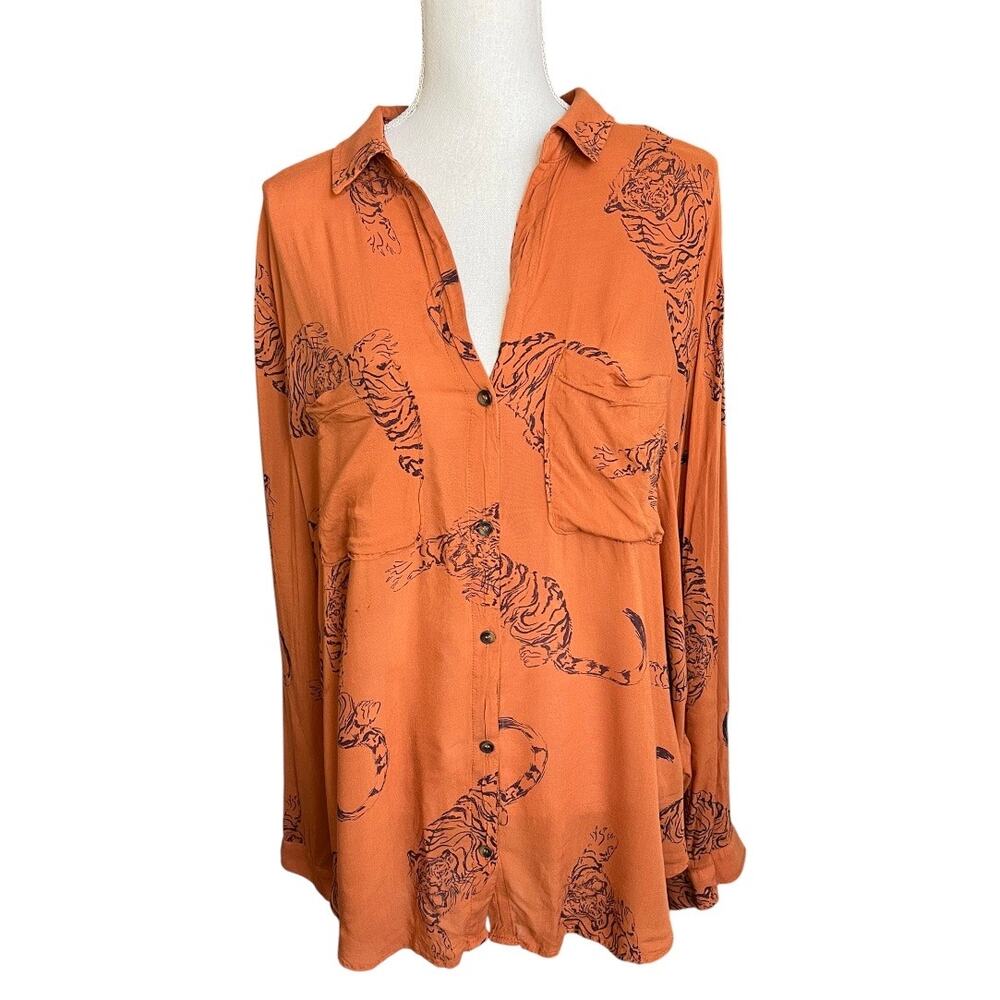 Pilcro Anthropologie Rust Orange Tiger Print Button Down Blouse Shirt